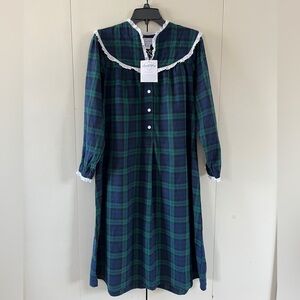 NWT Lanz of Salzburg Black Watch Plaid Cotton Flannel Midi Nightgown Women’s S
